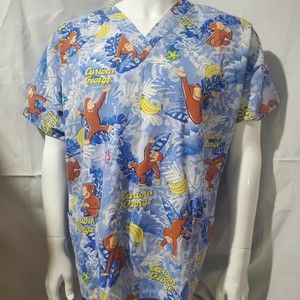 Curious George Unisex Short Sleeve Scrub Top 2 Pockets Cartoon Monkey Bananas